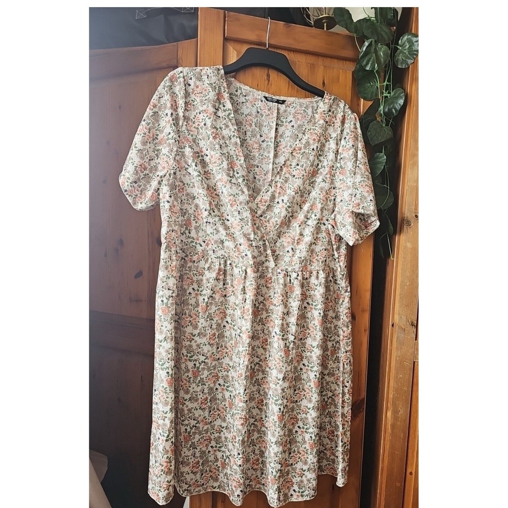 Floral Cottagecore Dress Boho Babydoll Mini Empire Waist V Neck Wrap Plus Size 0